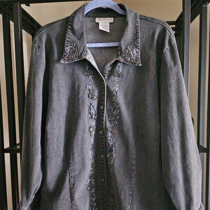Susan Graver Style Embroidery Black Wash Pants Set.